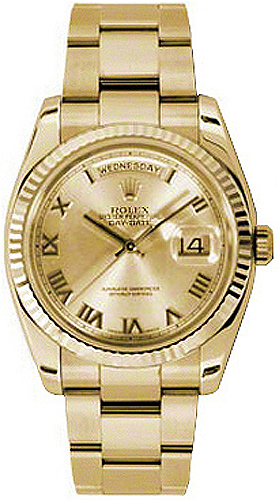 replique Montre Rolex Day-Date 36 Champagne en chiffres romains en or jaune 118238