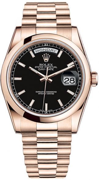 replique Montre Rolex Day-Date 36 cadran noir en or rose 118205