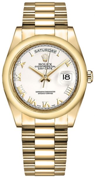 replique Montre Rolex Day-Date 36 en or blanc avec chiffres romains blancs 118208