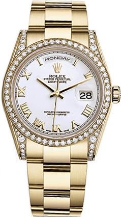 replique Montre Rolex Day-Date 36 en or blanc avec chiffres romains blancs 118388