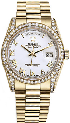 replique Montre Rolex Day-Date 36 en or massif blanc avec chiffres romains 118388