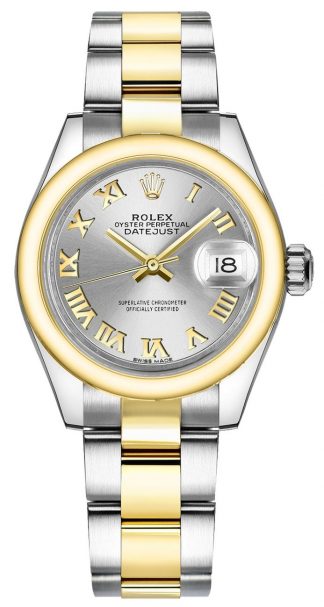 replique Montre Rolex Lady-Datejust 28 argent chiffre romain or et acier 279163