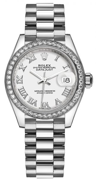 replique Montre Rolex Lady-Datejust 28 en platine avec chiffres romains blancs 279136RBR