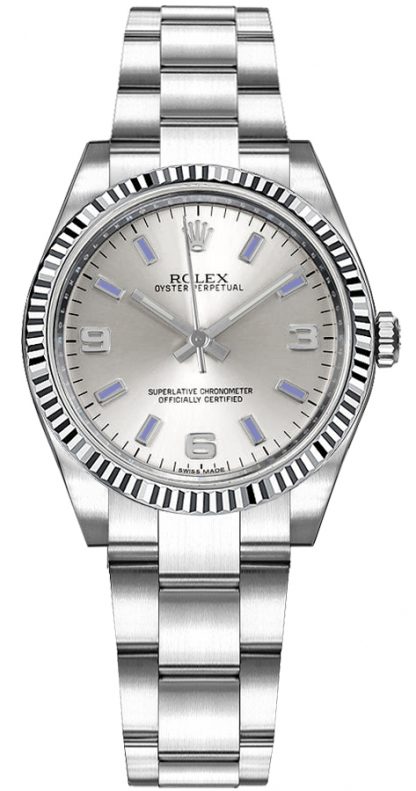 replique Montre Rolex Oyster Perpetual 31 en or blanc avec lunette cannelée 177234