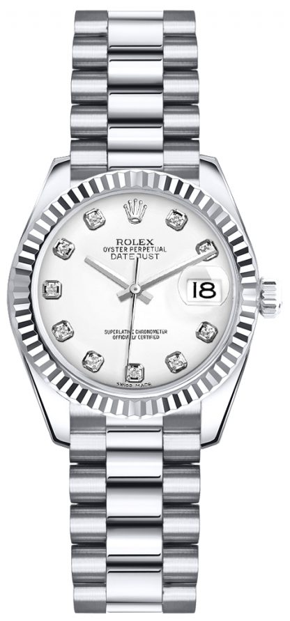 replique Montre-bracelet Rolex Lady-Datejust 26 à cadran blanc et diamant President 179179