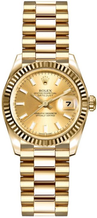 replique Montre pour femme Rolex Lady-Datejust 26 en or jaune massif 18 carats 179178