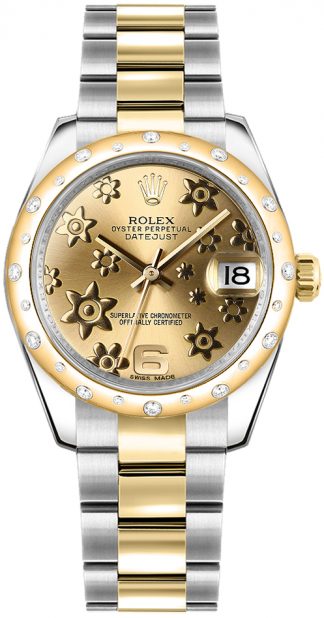 replique Rolex Datejust 31 Champagne Floral Diamond Watch 178343