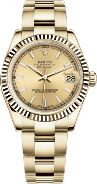 replique Rolex Datejust 31 cadran champagne lunette cannelée montre en or 178278