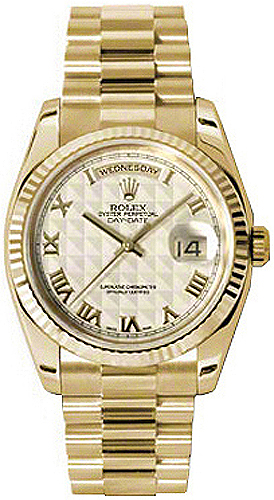 replique Rolex Day-Date 36 Ivory Dial Lunette cannelée en or Montre 118238