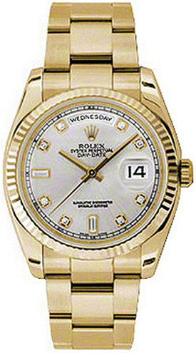 replique Rolex Day-Date 36 Silver Diamond Dial Fluted Gold Watch 118238