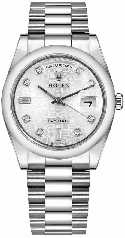 replique Rolex Day-Date 36 Silver Diamond Dial Platinum Watch 118206