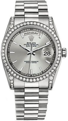 replique Rolex Day-Date 36 cadran argenté montre en or blanc 118389