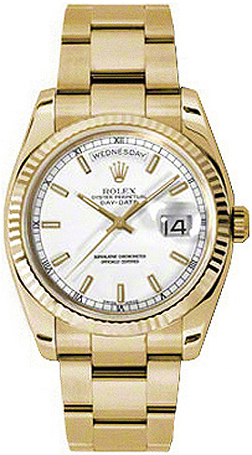 replique Rolex Day-Date 36 cadran blanc lunette cannelée montre en or 118238