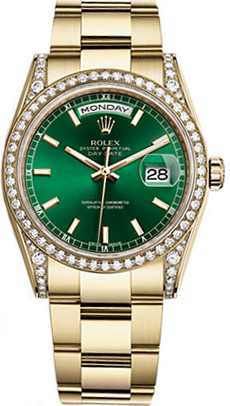 replique Rolex Day-Date 36 cadran vert 18K montre en or 118388