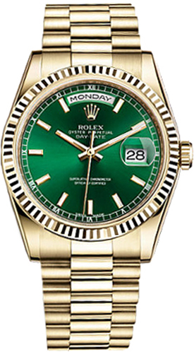 replique Rolex Day-Date 36 cadran vert Montre en or massif 118238