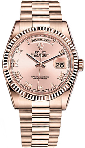 replique Rolex Day-Date 36 rose cadran chiffre romain or montre 118235