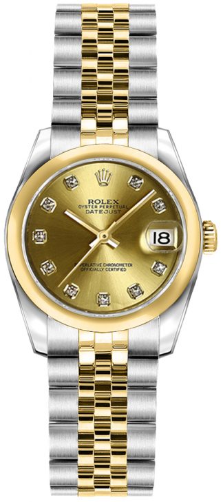 replique Rolex Lady-Datejust 26 Champagne Diamond Dial Watch 179163