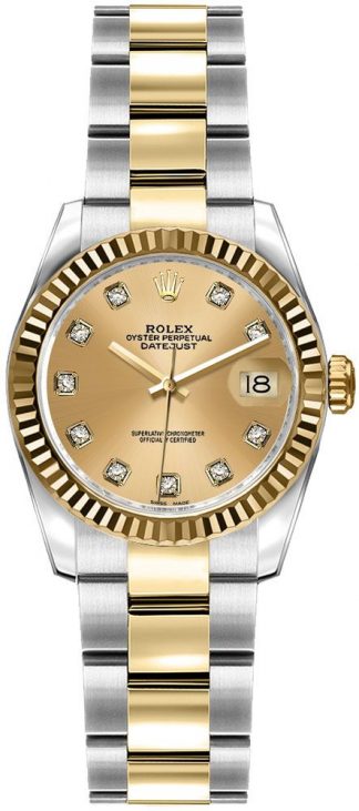 replique Rolex Lady-Datejust 26 Champagne Diamond Dial Watch 179173