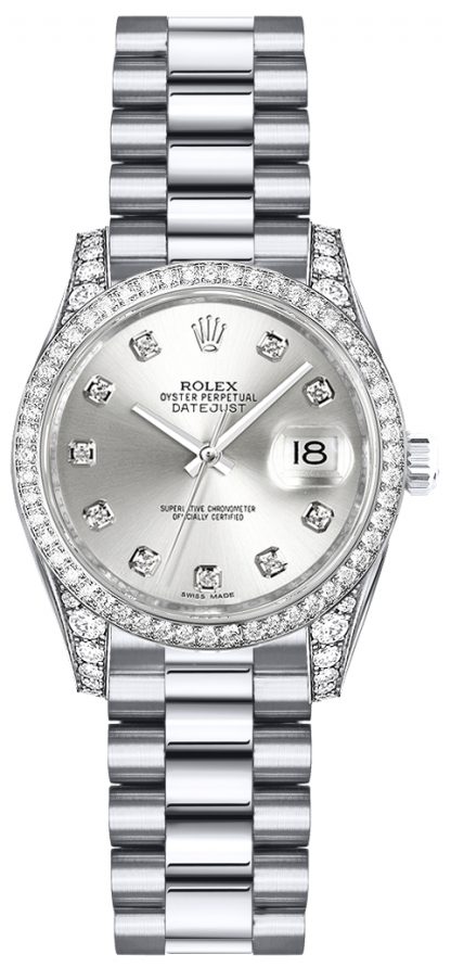 replique Rolex Lady-Datejust 26 cadran diamant argenté montre en or blanc 179159