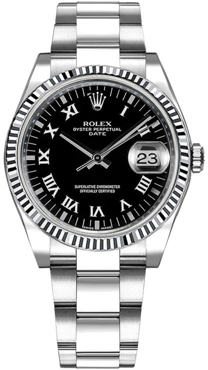 replique Rolex Oyster Perpetual Date 34 Montre cadran noir à chiffres romains 115234